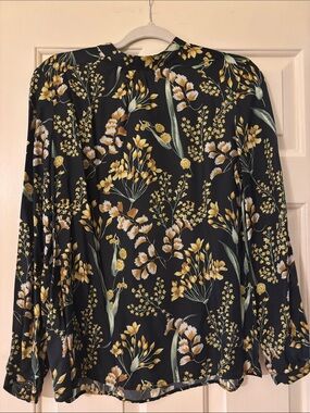 J. McLaughlin Black Floral Blouse with Yellow, Cream and Green Accents